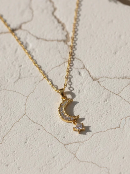 Anti-Tarnish Moon & Star Pendant Chain | 18K Gold CZ Jewelry