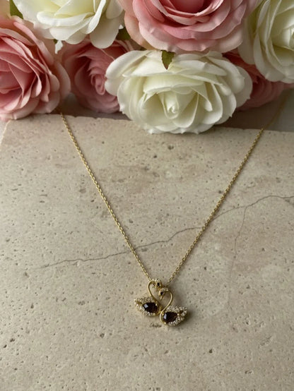 Twin Swan Pendant Necklace in 18K Gold | CZ Love Neckpiece
