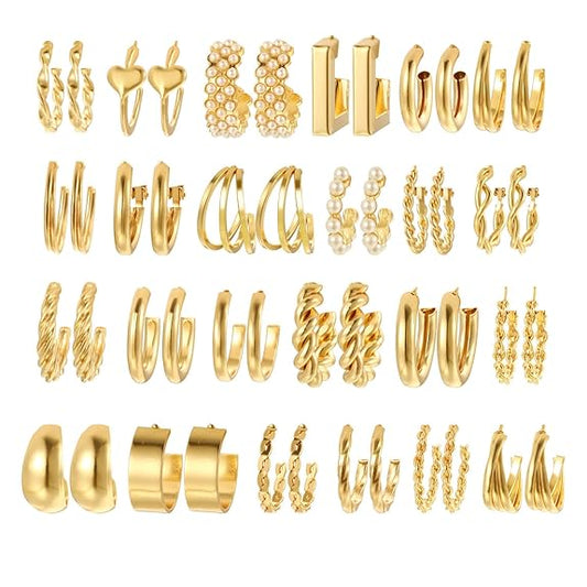 Diva Fashion 24 pairs Combo Celebrity Inspired Trendy Latest Stylish Gold Plated Geometric Twist Pearl Hoop Dangle Earrings for Women and Girls