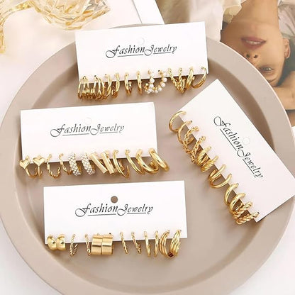 Diva Fashion 24 pairs Combo Celebrity Inspired Trendy Latest Stylish Gold Plated Geometric Twist Pearl Hoop Dangle Earrings for Women and Girls